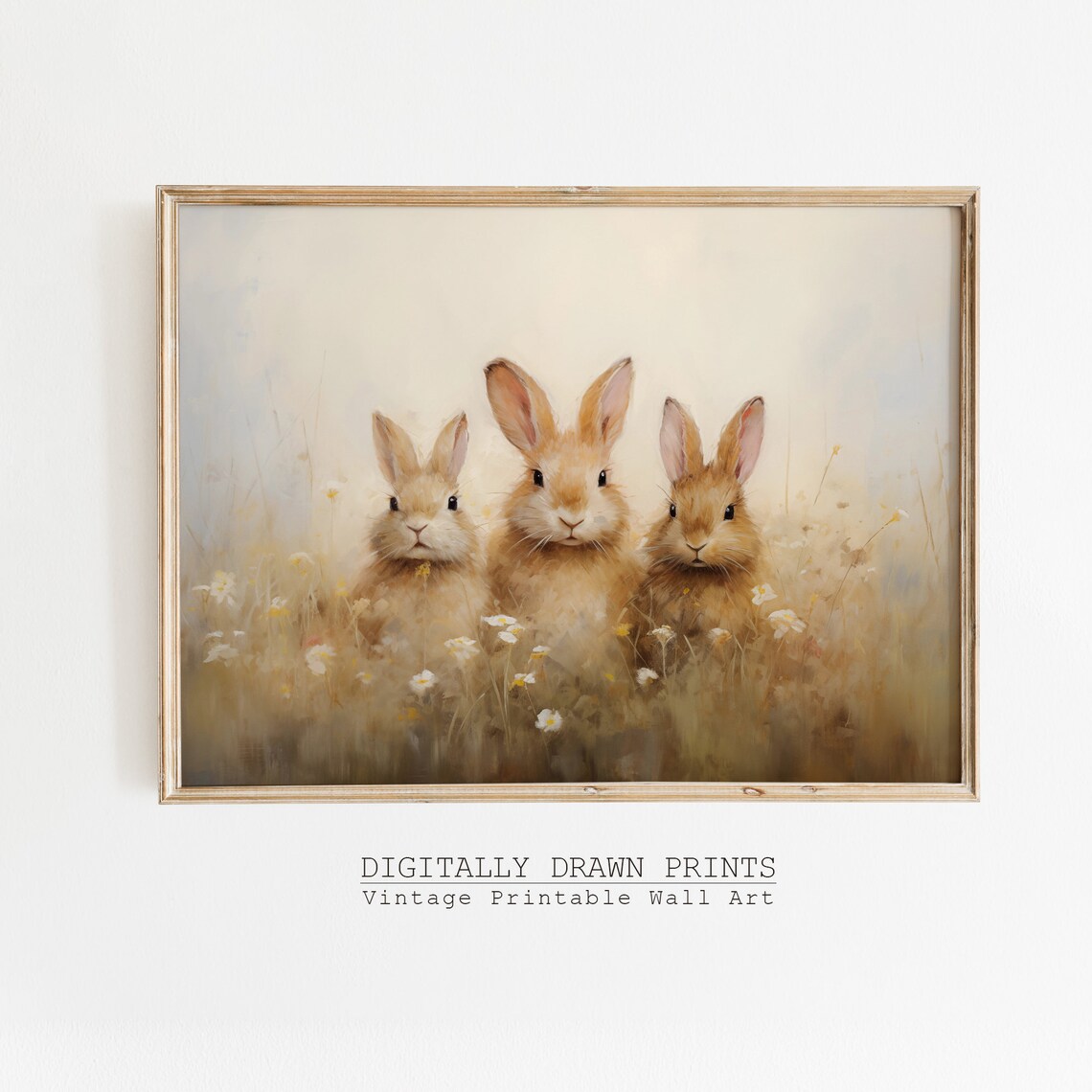 Vintage Easter Bunnies In Wildflower Field Art Print