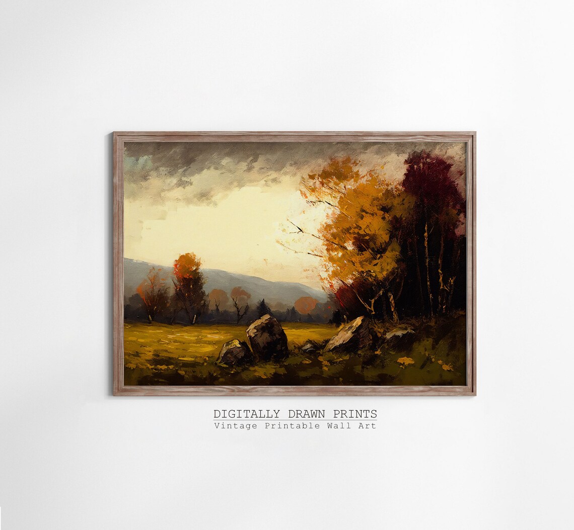 Moody Autumn Field Rocks Stormy Sky Orange Trees Vintage Landscape Poster - Image 3