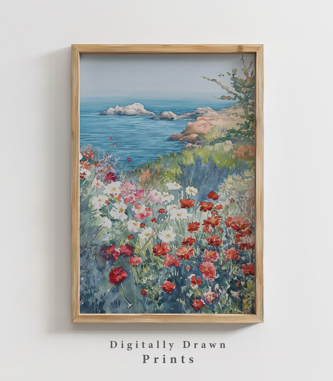 Coastal Wildflower Field Watercolor Red Cosmos Ocean View Poster - Image 2
