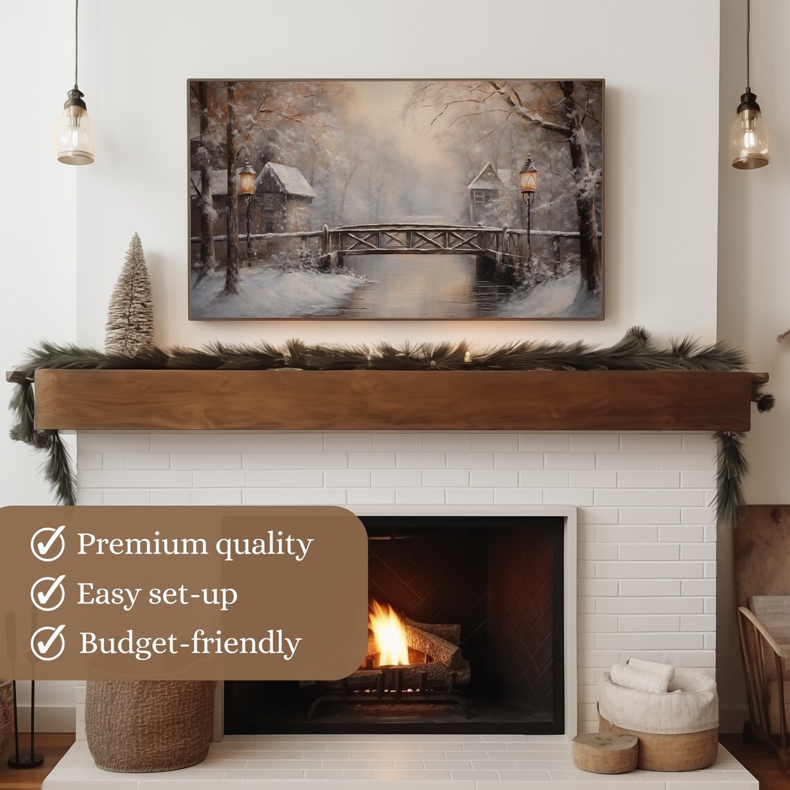 Snowy Wooden Bridge Village Moody Winter Night Scene Art Poster - Image 3