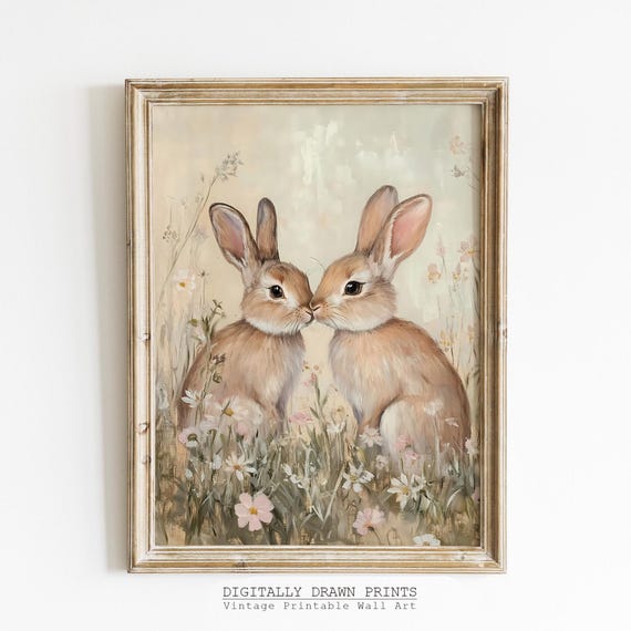 Easter Bunny Nursery Wall Art Painting Floral Spring Bunnies Print Neutral Decor Muted Farmhouse