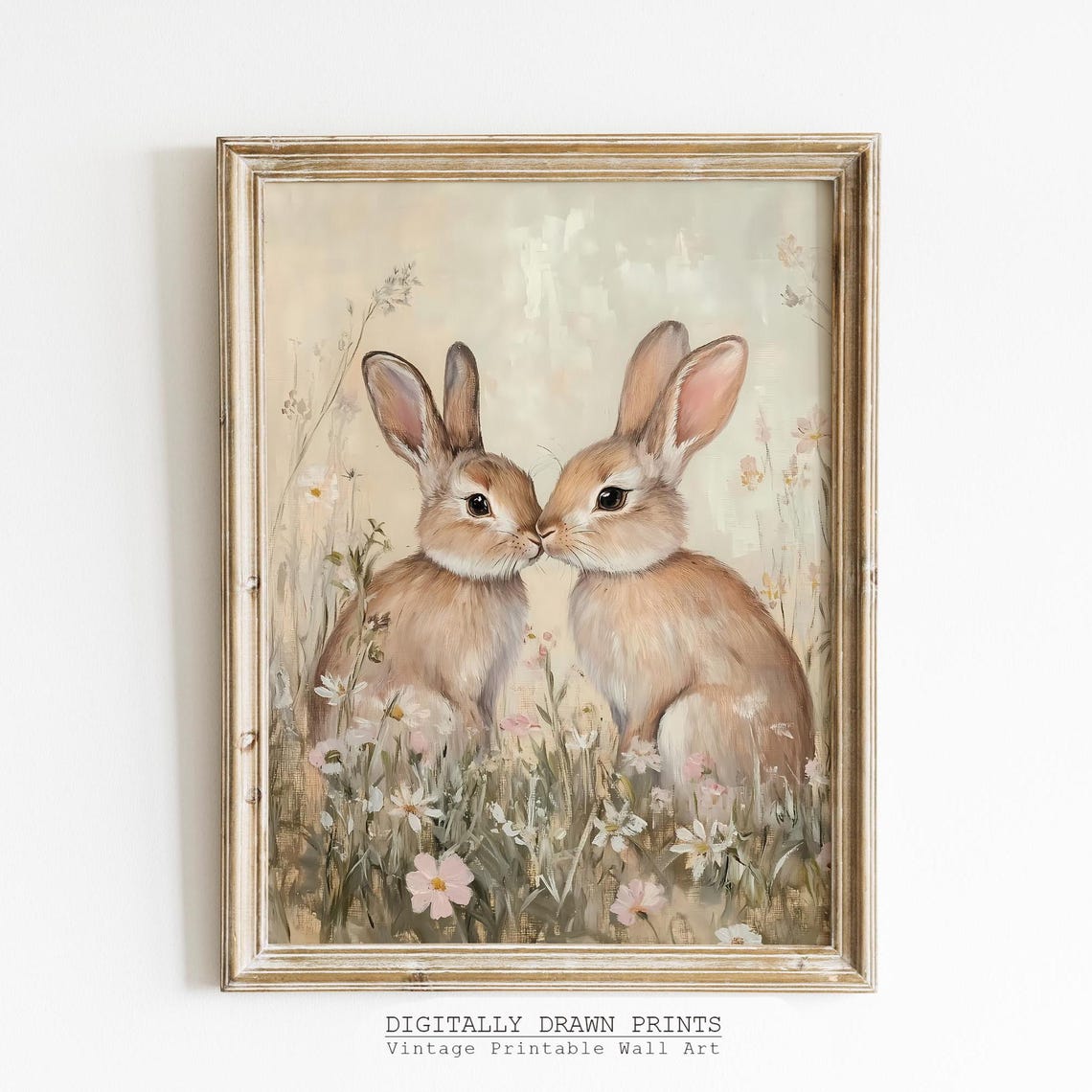 Easter Bunny Nursery Wall Art Painting Floral Spring Bunnies Print Neutral Decor Muted Farmhouse