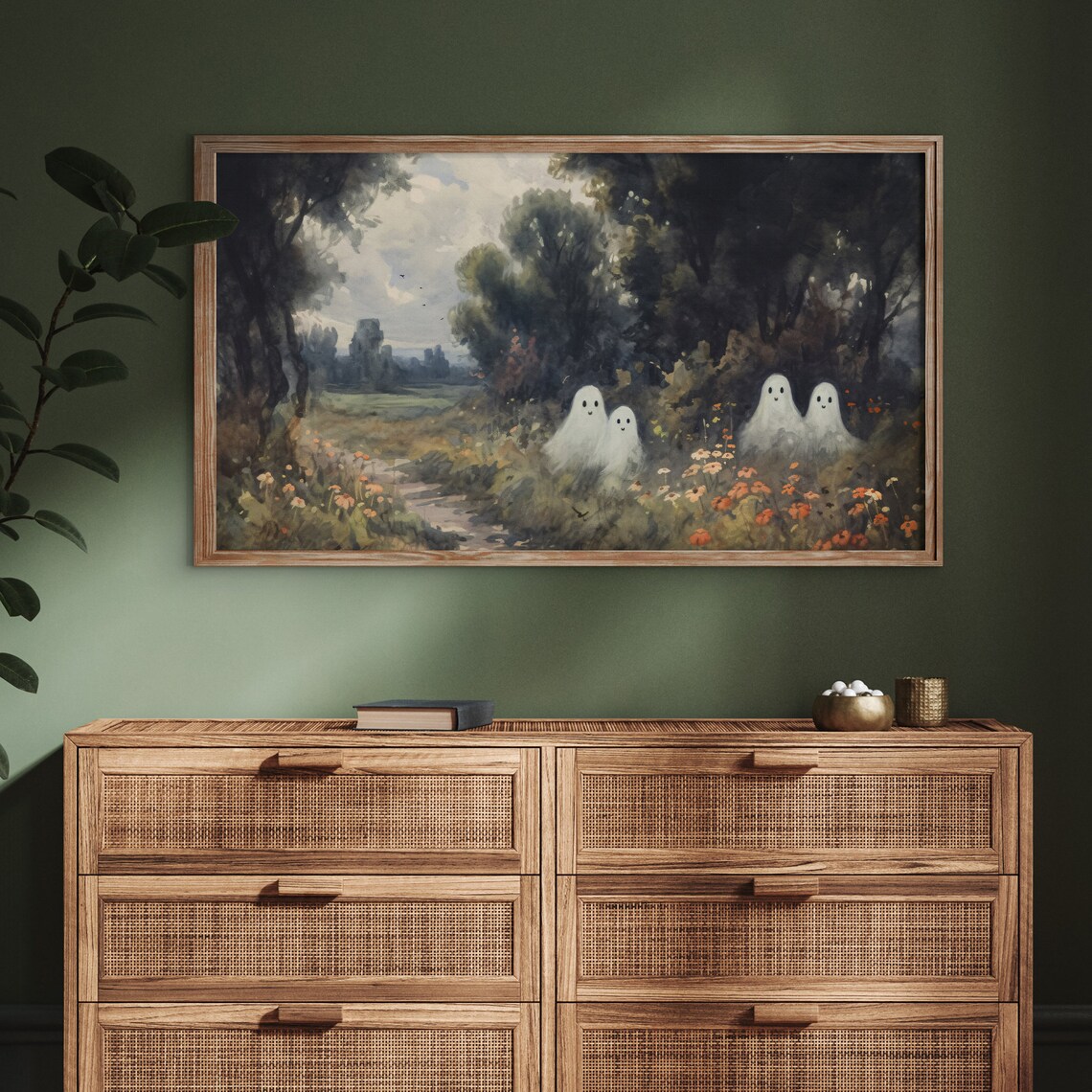 Cute Ghosts In Vintage Forest Painting With Autumn Flowers Fall Poster - Image 3
