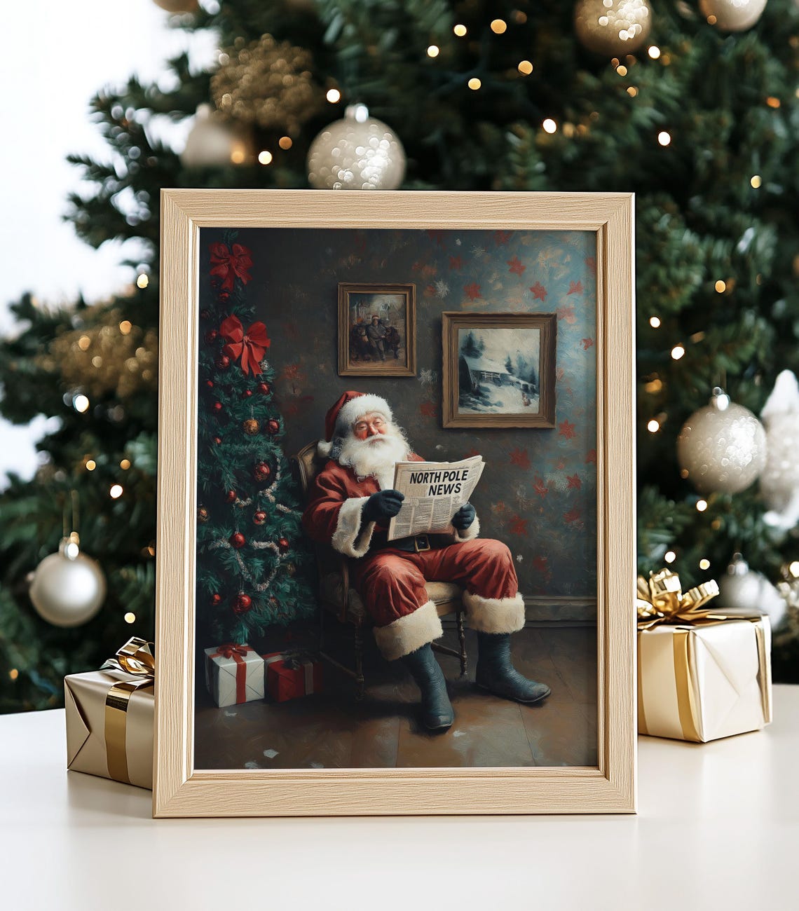 Santa Claus Reading North Pole News Newspaper Christmas Tree Poster - Image 4