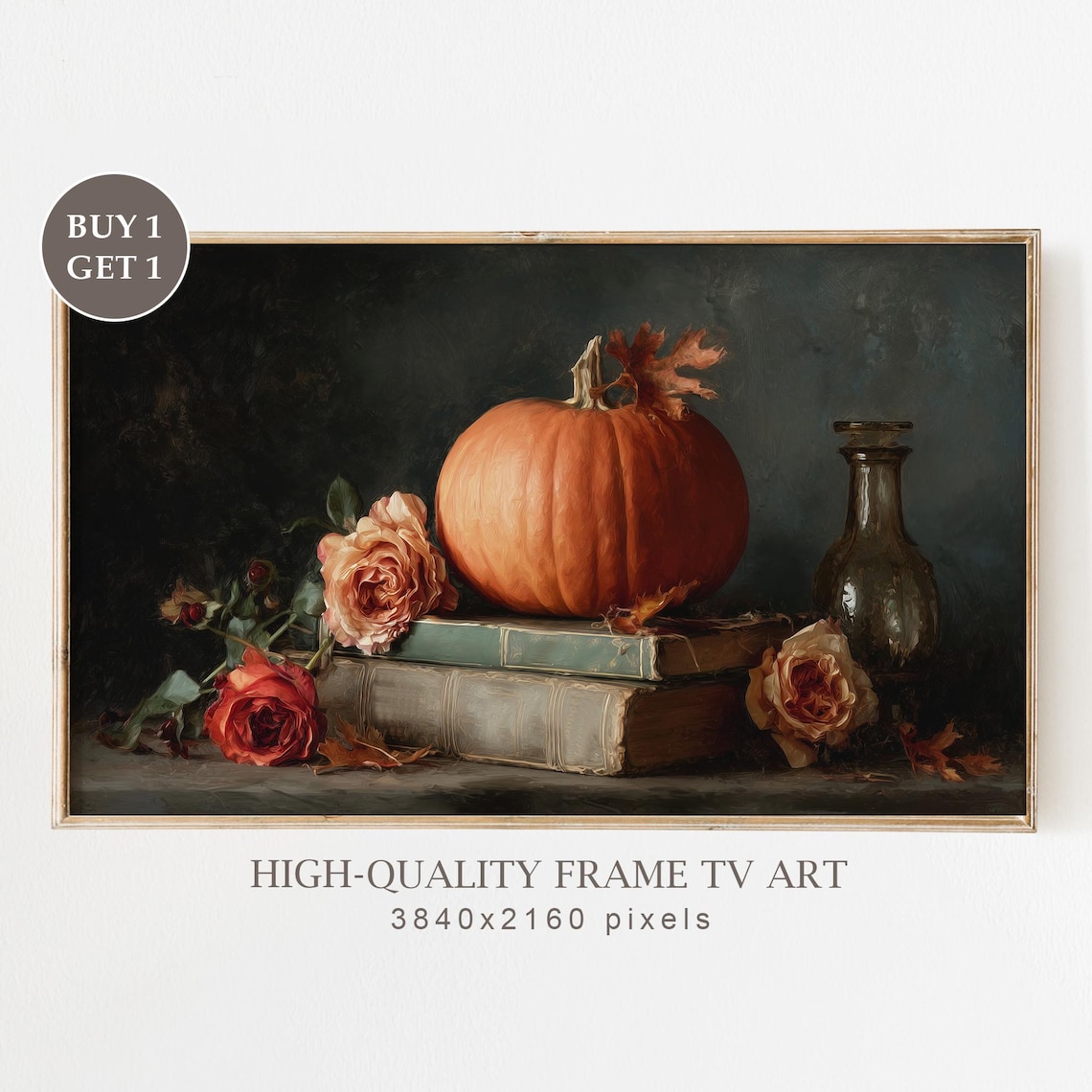Vintage Pumpkin Roses Books Moody Autumn Halloween Still Life Poster