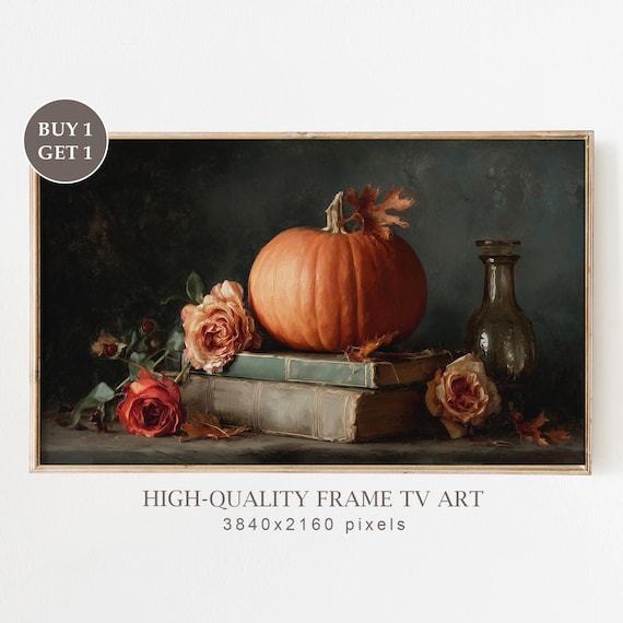 Dark Halloween Frame Tv Art Vintage Pumpkin Still Life Fall Floral Book Autumn