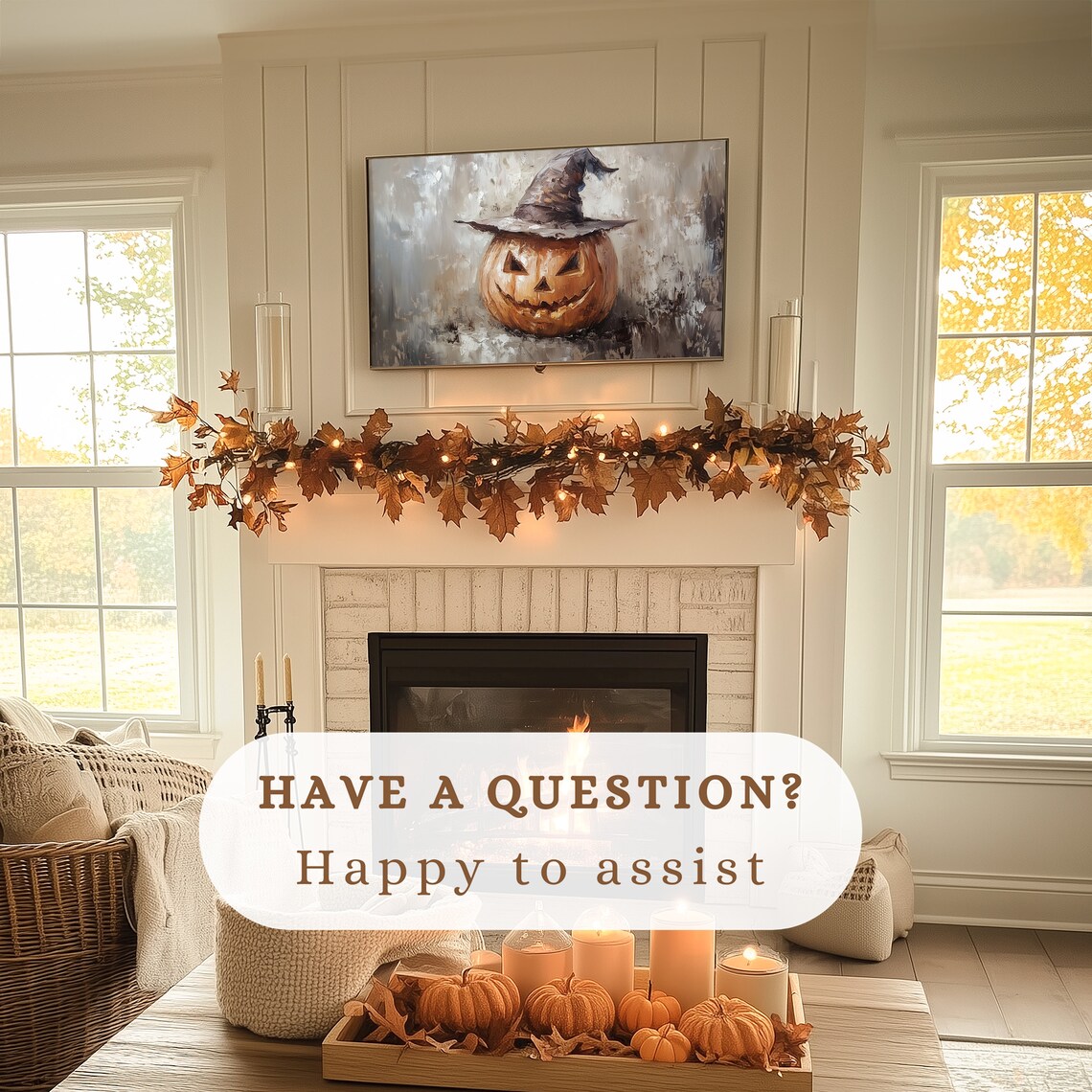 Jack O Lantern Wearing Witch Hat Rustic Gray Background Halloween Poster - Image 2