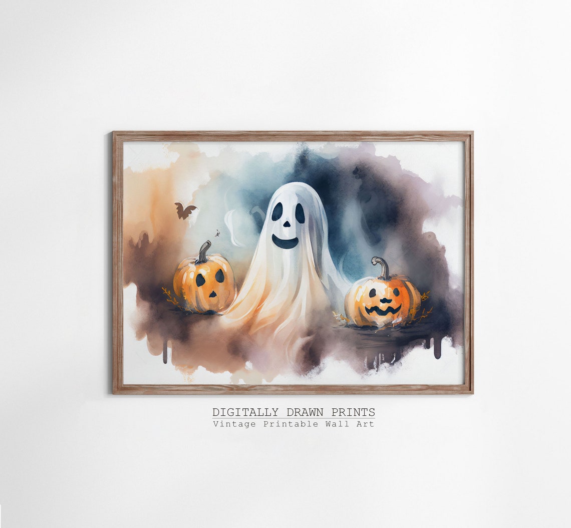 Cute Smiling Ghost with Jack O Lanterns Watercolor Halloween Poster - Image 3