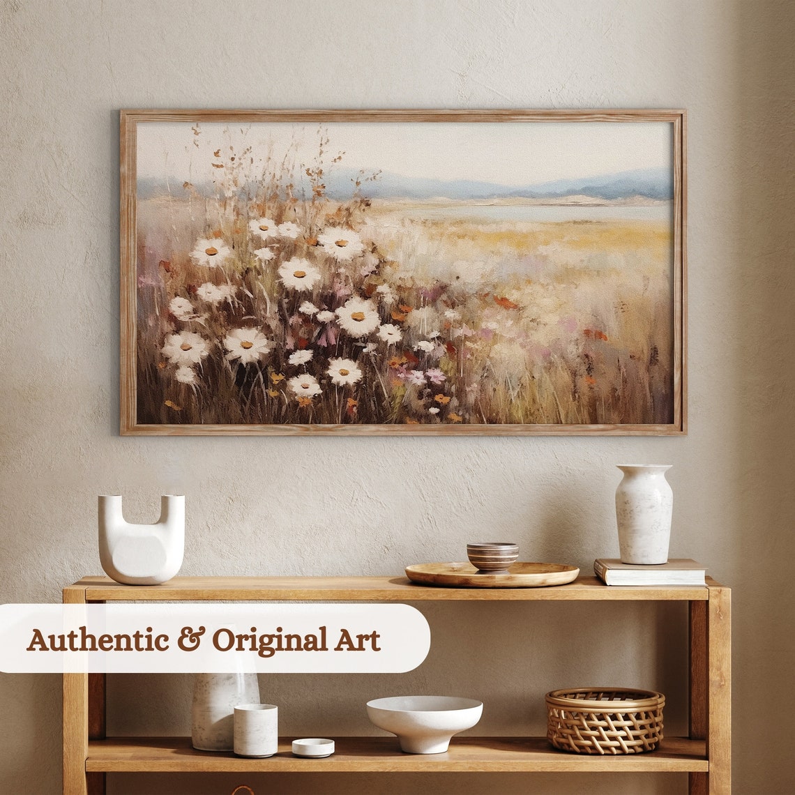 Spring Wildflower Meadow Daisies Warm Tone Pastoral Landscape Print - Image 3