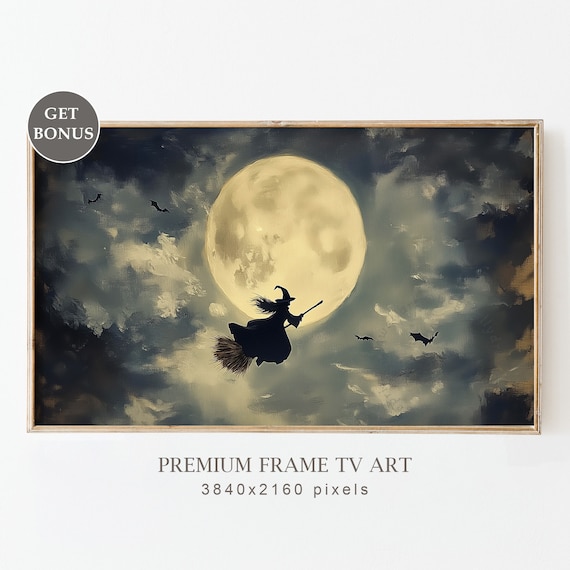 Witch Silhouette Flying Broomstick Full Moon Night Bats Halloween Poster