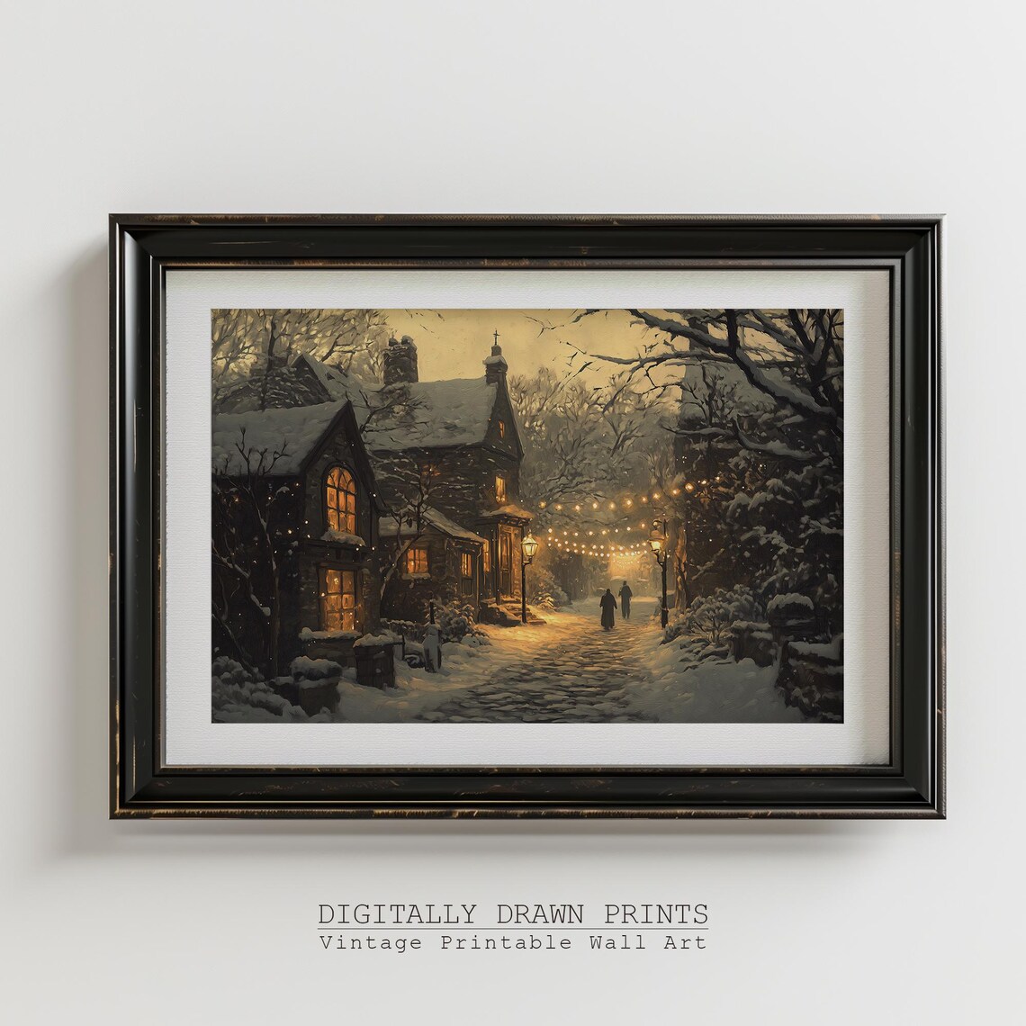 Vintage Snowy Village Christmas Evening Art Print - Image 3