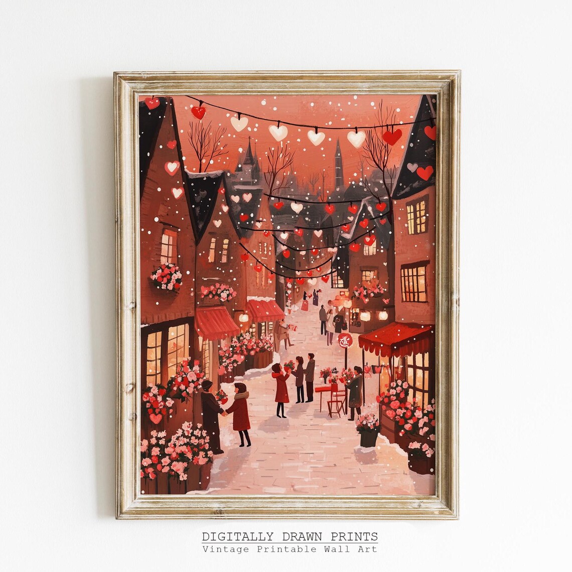 Valentines Day Romantic Village Scene Art Print