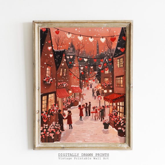 Valentines Day Romantic Village Scene Art Print