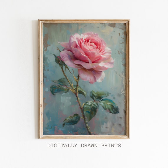 Vintage Rose Oil Painting Art Print, Cottagecore Decor