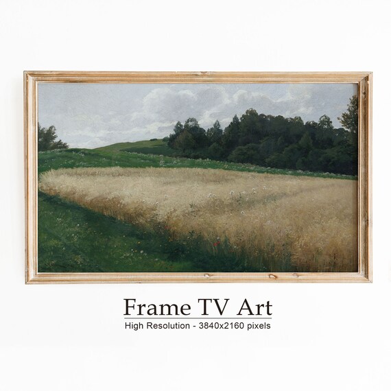 Golden Wheat Field Green Pasture Forest Edge Vintage Farmhouse Painting Poster