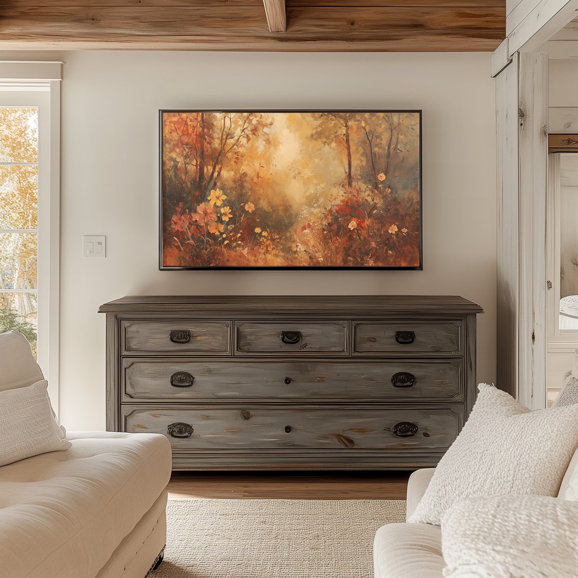 Golden Autumn Forest Sunlit Wildflower Clearing Light Beam Poster - Image 2