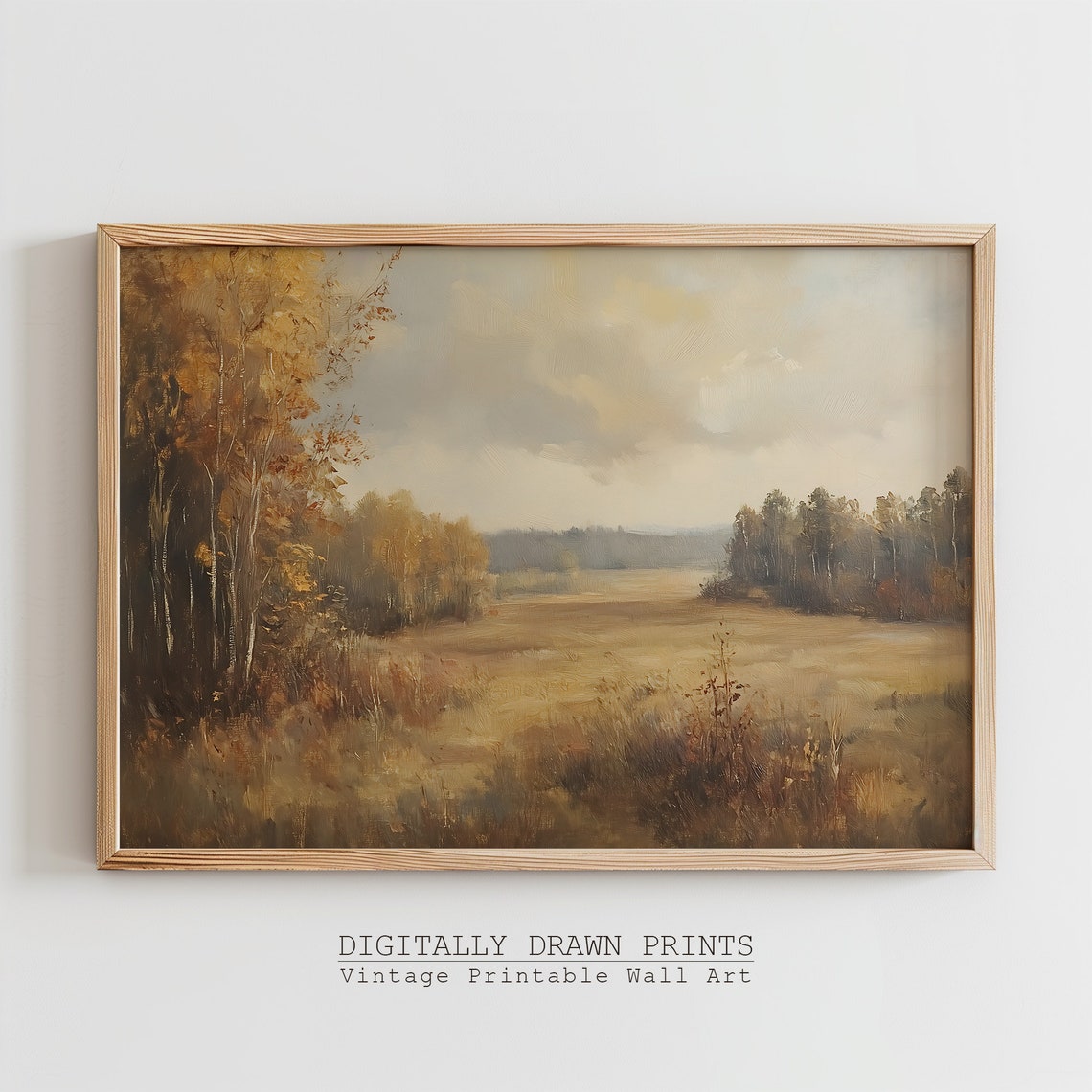 Muted Vintage Autumn Field River Soft Cloudy Sky Neutral Poster - Image 3