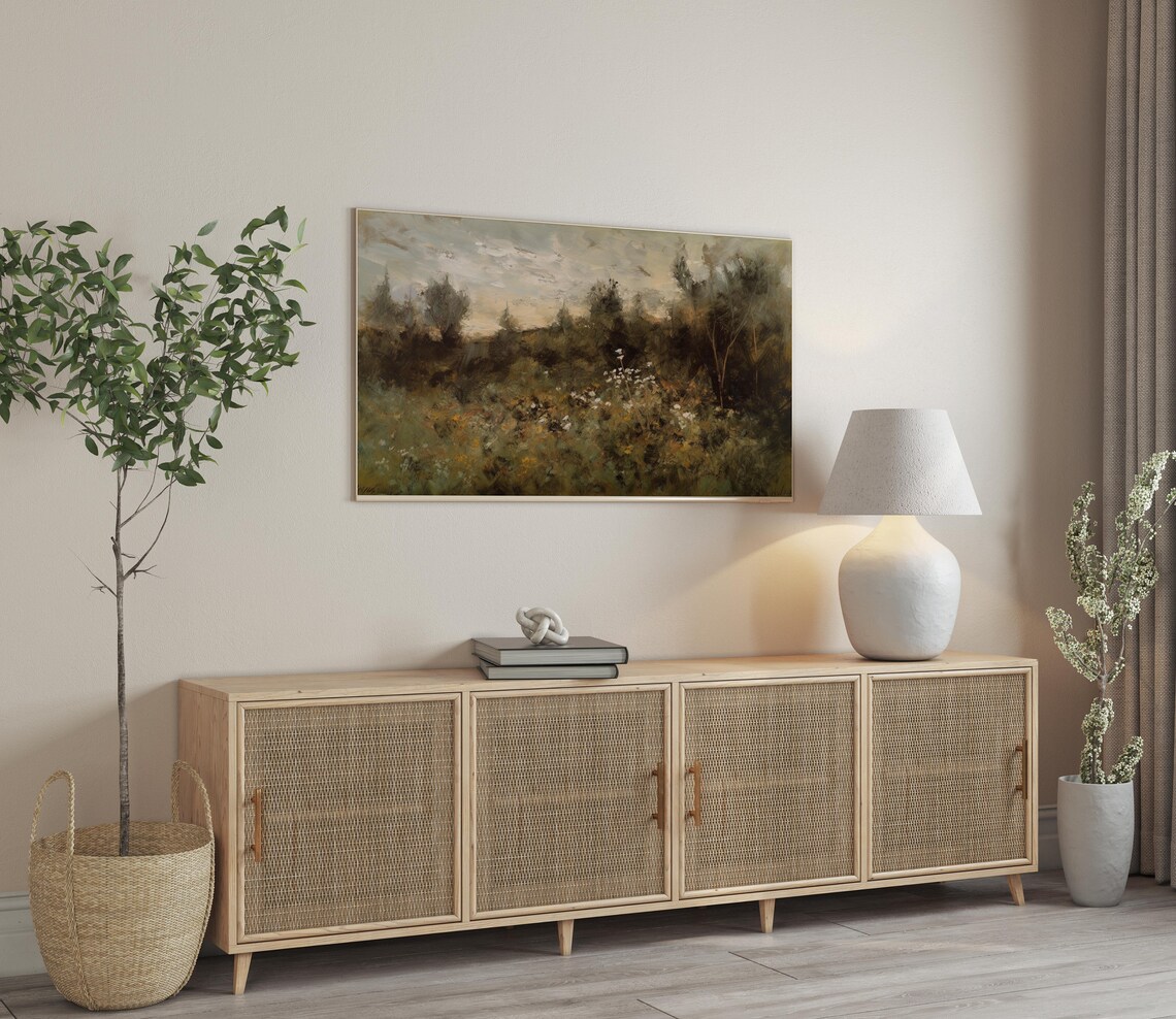 Wildflower Field Oil Painting White Blooms Moody Trees Golden Sky Vintage Print - Image 3