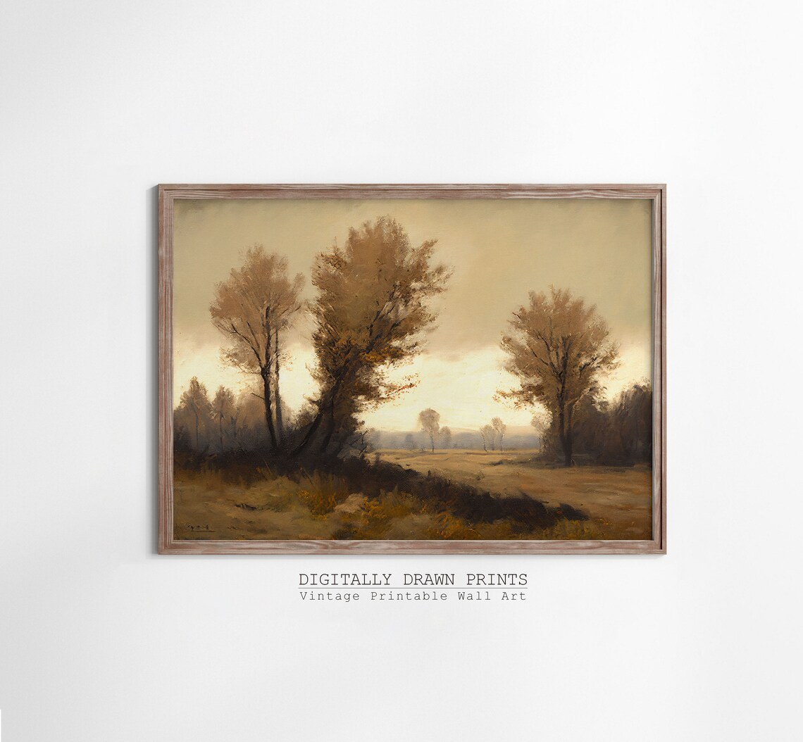 Moody Golden Autumn Field Tall Trees Vintage Landscape Oil Poster - Image 3