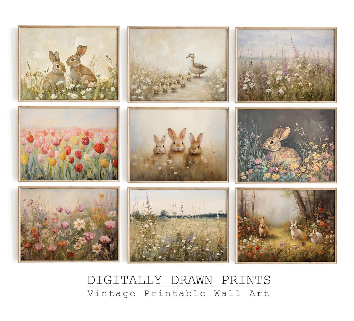 Set Of 9 Vintage Spring Bunny And Wildflower Paintings Poster