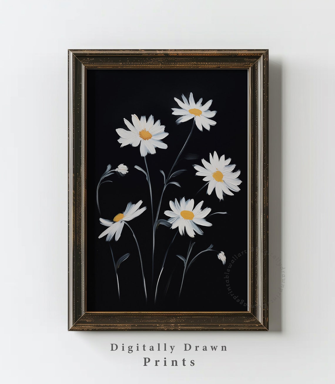 White Daisies Black Background Moody Botanical Flower Poster - Image 2