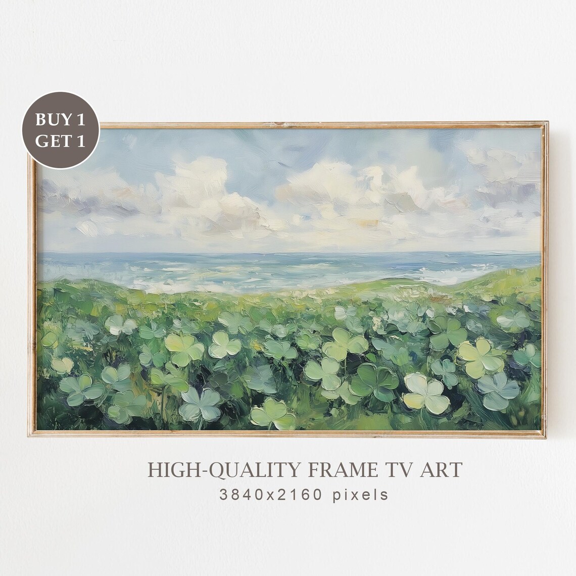 St Patricks Day Clover Oil Painting, Irish Coastal Landscape