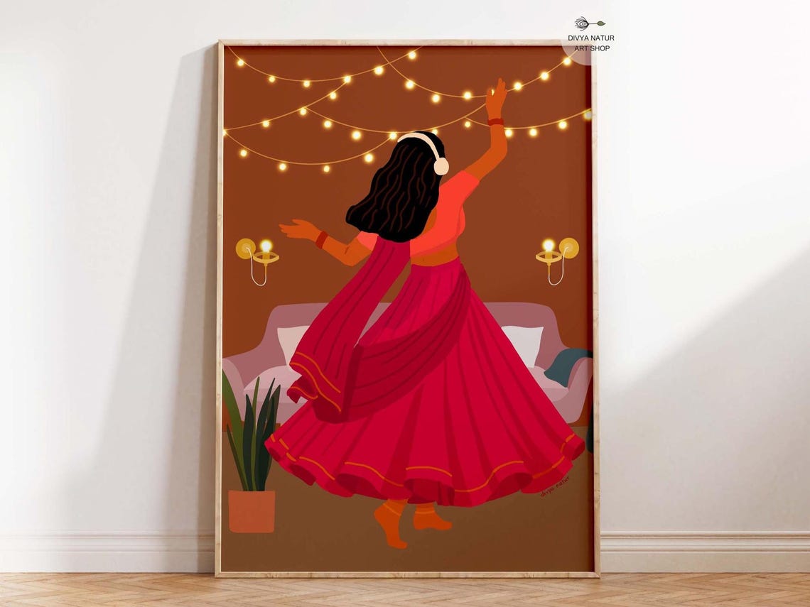 Woman Dancing Under String Lights Festive Red Lehenga Joyful Poster