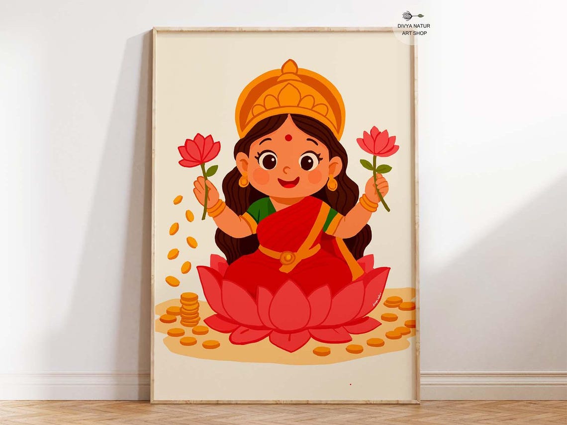 Baby Lakshmi Sitting On Lotus With Coins Hindu Goddess Art Poster