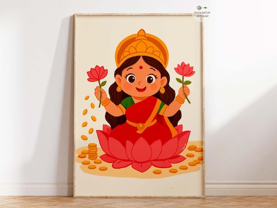 Baby Lakshmi Sitting On Lotus With Coins Hindu Goddess Art Poster