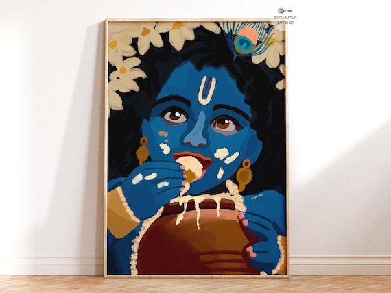 Baby Krishna Eating Butter Art Print Hindu God With Pot Spiritual Wall Decor For Puja Room
