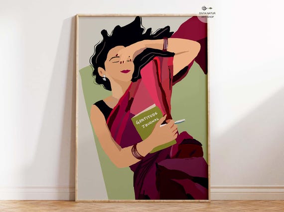 Woman Gratitude Journal Art Print Saree Mindfulness India For Bedroom Decor