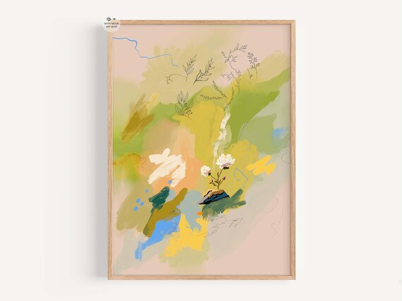 Abstract Botanical Watercolor Green Peach Floral Line Art Poster