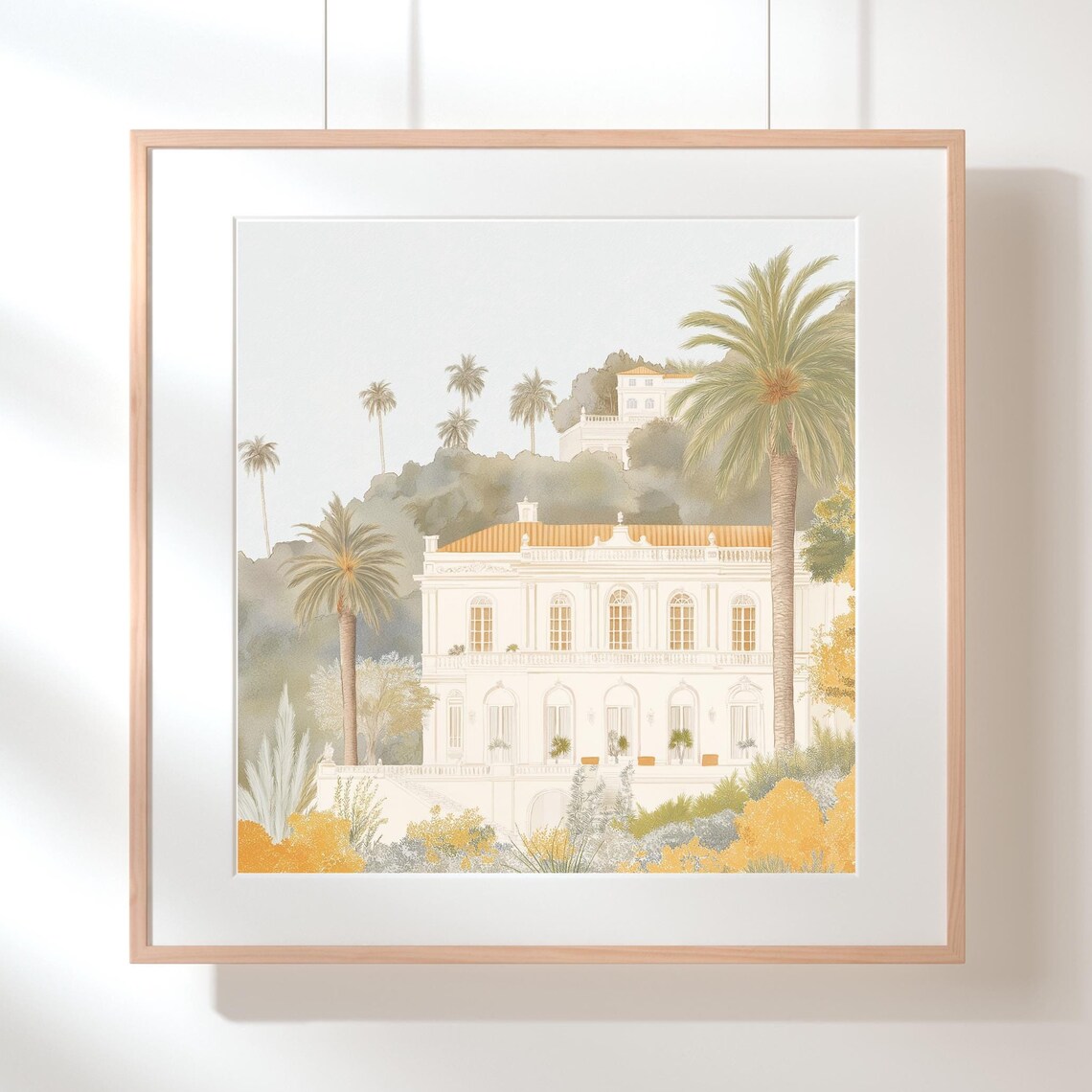 White Villa On Hill Palm Trees Soft Watercolor Estate Poster