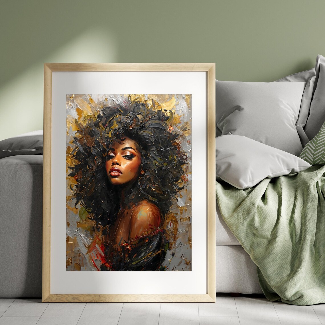 Black Woman With Curly Hair Gold Palette Knife Portrait Poster