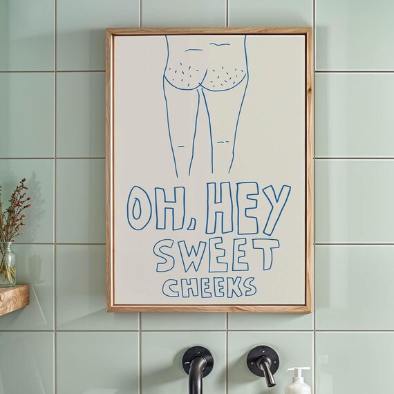 Sweet Cheeks Art Print Funny Bathroom Poster Cute Bathroom Decor Retro Bathroom Print Minimalist Bathroom Poster Wall Art Blue