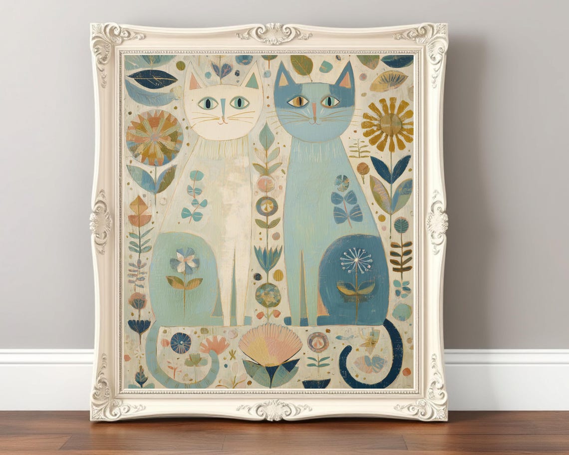 Two Folk Art Cats Floral Midcentury Style Whimsical Kitten Poster