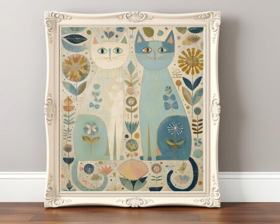 Two Folk Art Cats Floral Midcentury Style Whimsical Kitten Poster