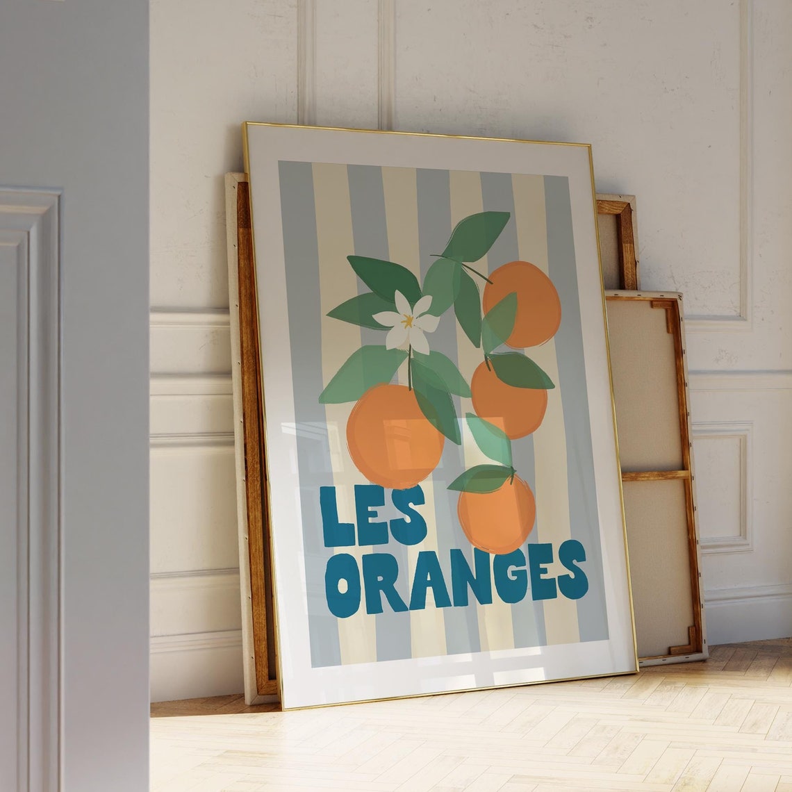 Les Oranges Art Retro Citrus Poster Oranges Fruit Print Striped Kitchen Wall Art Blue Orange Art Fun Kitchen Decor