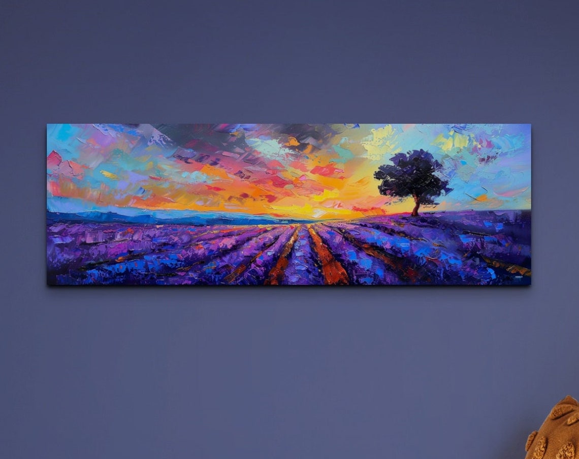 Sunset Over Lavender Field Silhouette Tree Impressionist Art Poster