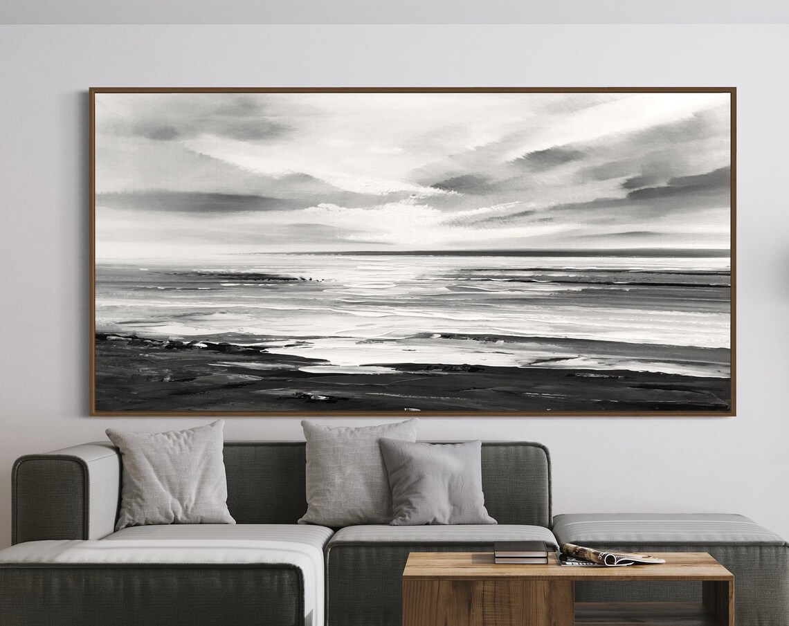 Beach At Night Black And White Abstract Art Print - Image 3