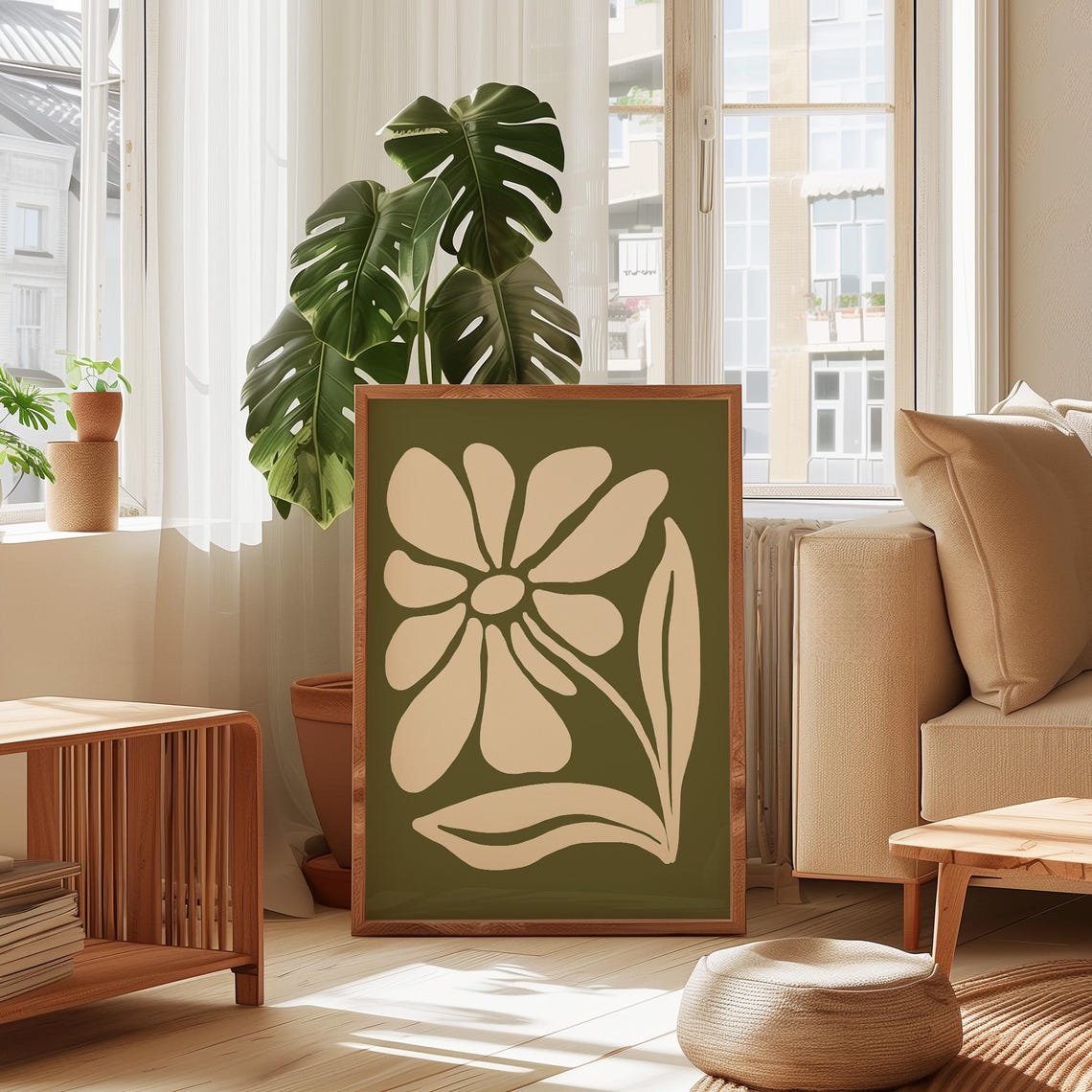 Retro Cream Daisy Abstract Floral Poster on Olive Green Background
