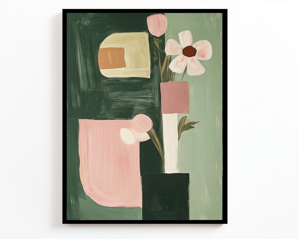 Modern Abstract Floral Pink Green Botanical Minimalist Wall Art Poster - Image 2