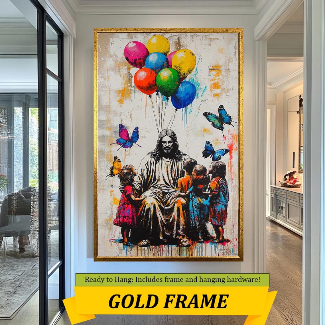 Seated Jesus With Four Children Balloons Butterflies Cream Drip Art Poster - Image 3