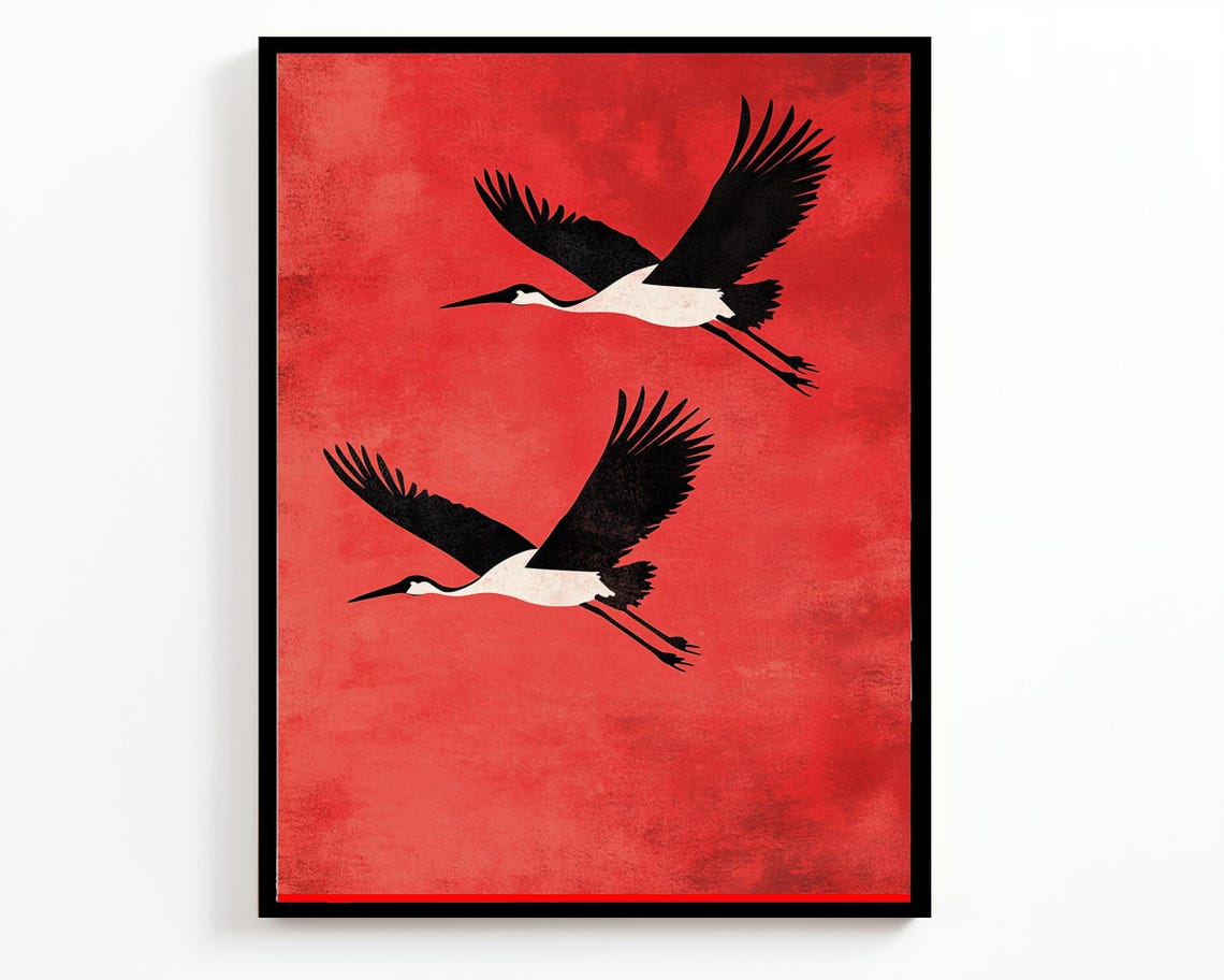 Japanese Black White Cranes in Flight Bold Red Background Wall Art - Image 2
