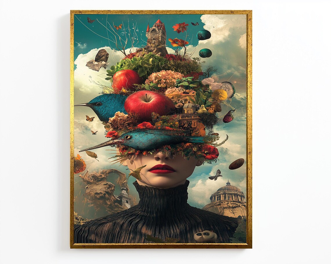 Surreal Floral Portrait Woman Birds Apples Dreamlike Fantasy Wall Art - Image 2
