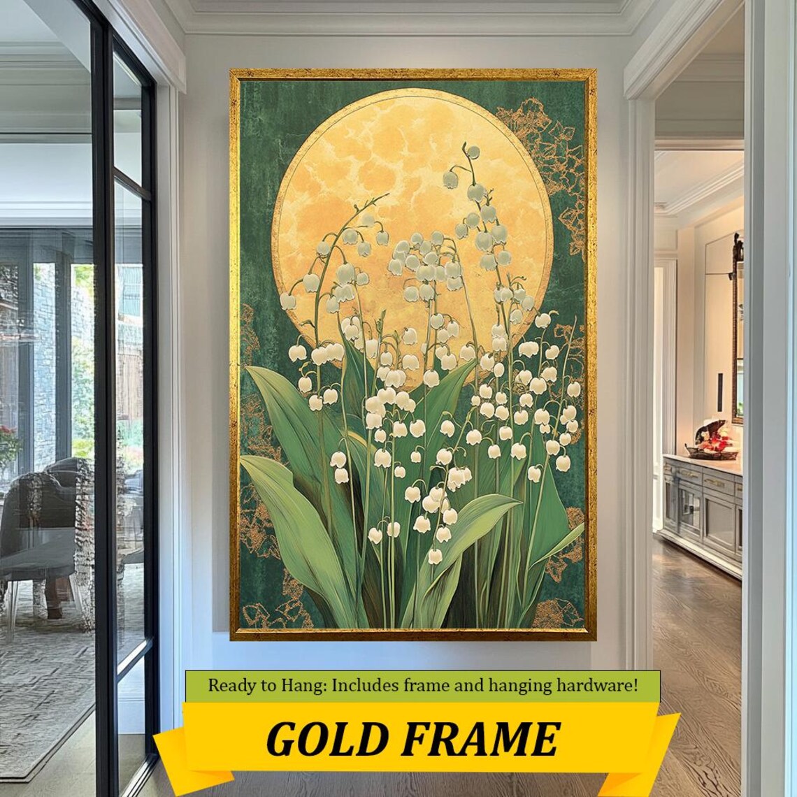 Lily Of The Valley Golden Moon Dark Green Vintage Floral Art Poster - Image 3