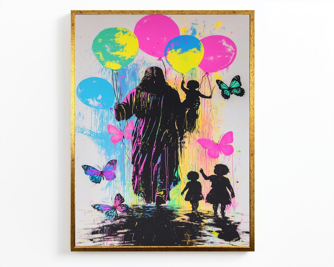 Jesus Silhouette Walking With Children Balloons Butterfly Wall Art - Image 2