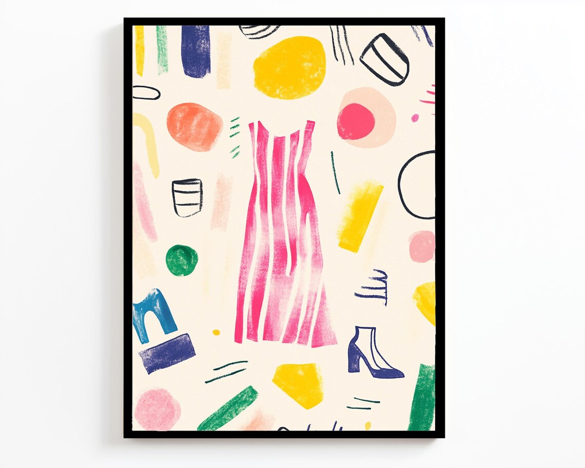 Playful Pastel Fashion Abstract Pink Dress Handbag Shoe Wall Art - Image 2