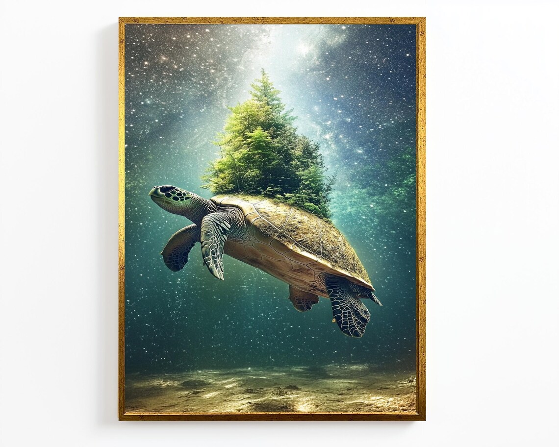 Cosmic Turtle Wall Art Surreal Ocean And Forest Fusion Design For Unique Home Decor Mystical Turtle Artwork Gift - Image 2