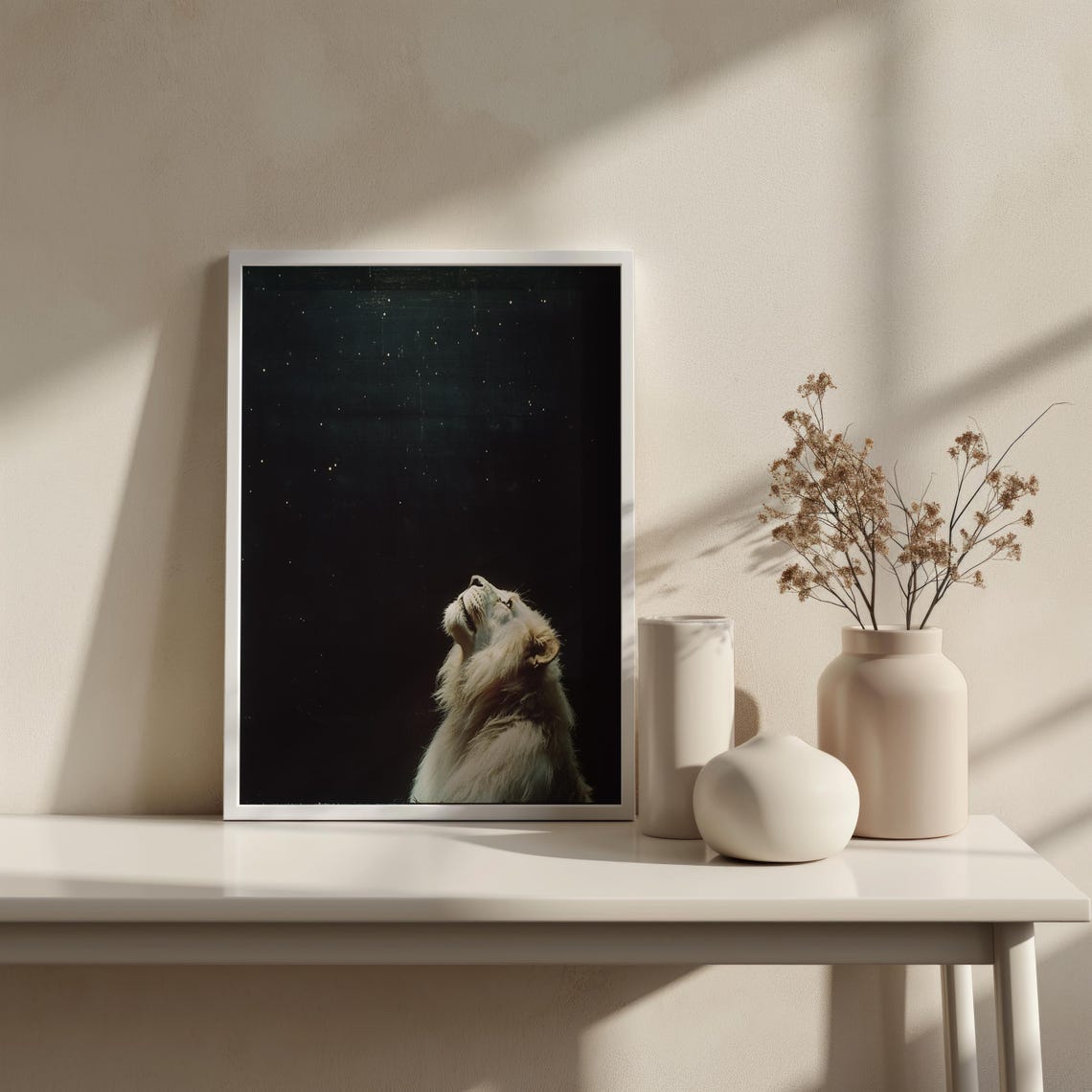 Majestic White Lion Starry Night Sky Looking Up Wild Safari Wall Art - Image 2